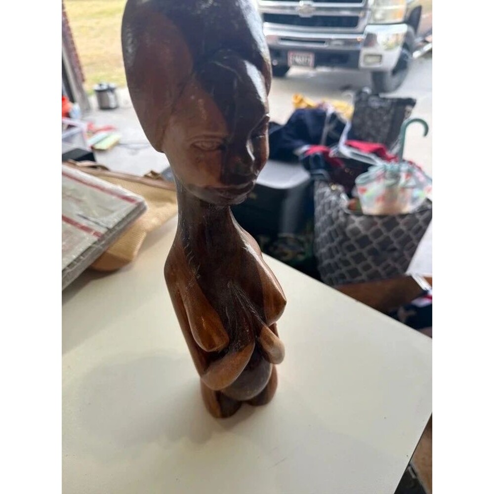 Vintage Hand-Carved Wood Female Figure African Folk Art Style 14” Statue